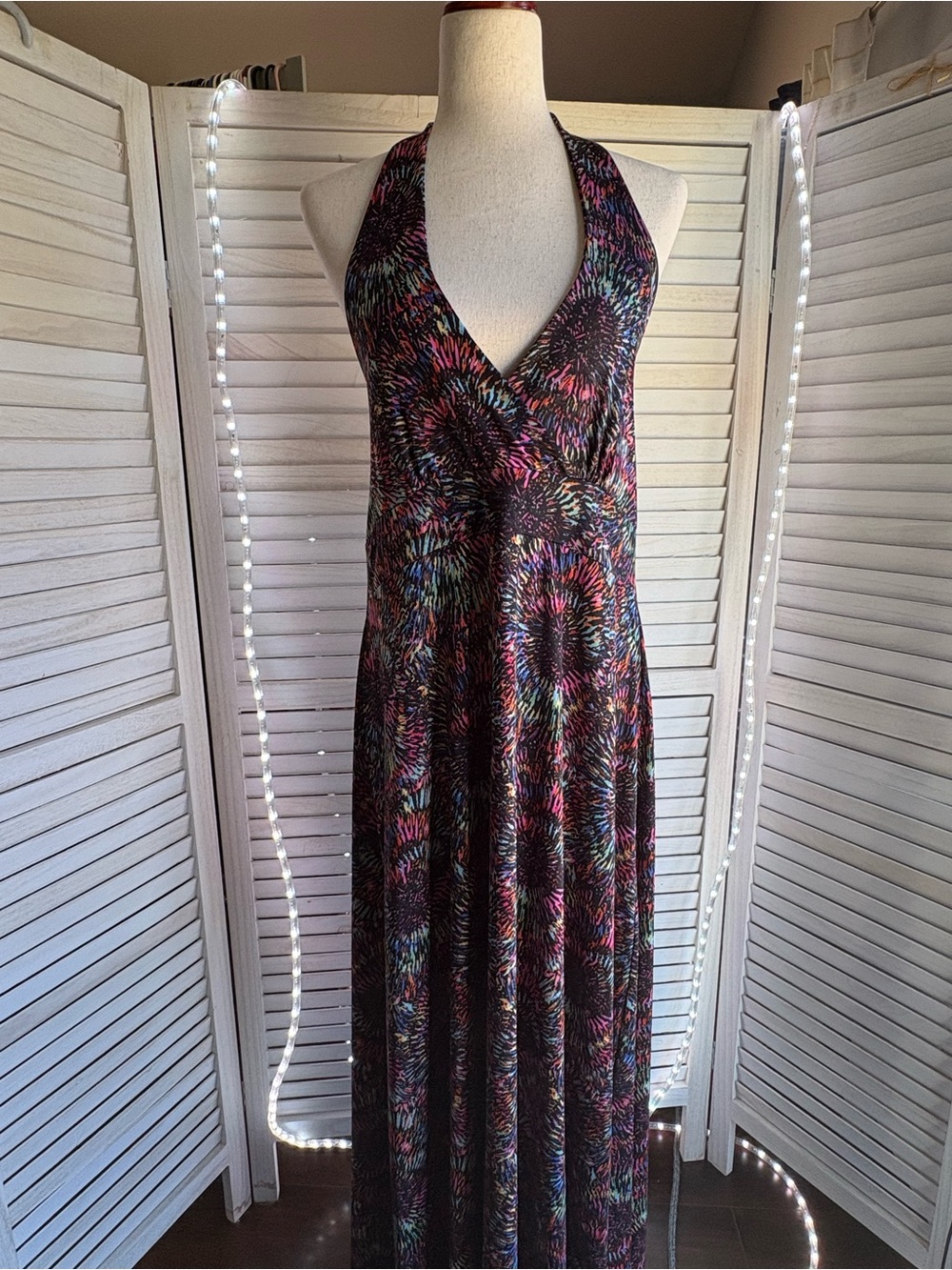 Black Multicolor Halter Maxi Dress with Abstract Burst Print